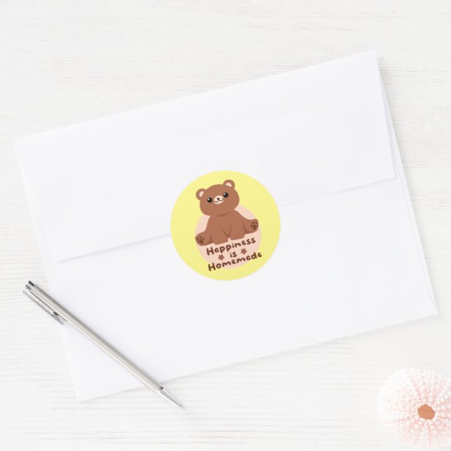 Happiness is homemade Kawaii cute baby bear brown Classic Round Sticker (Envelope)