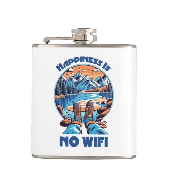 Happiness Is No Wifi Hiking Boots Hip Flask (Front)