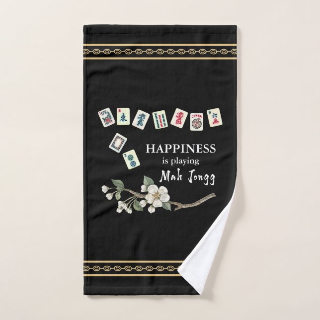 Happiness is playing Mah Jongg Black Hand Towel (Hand Towel)