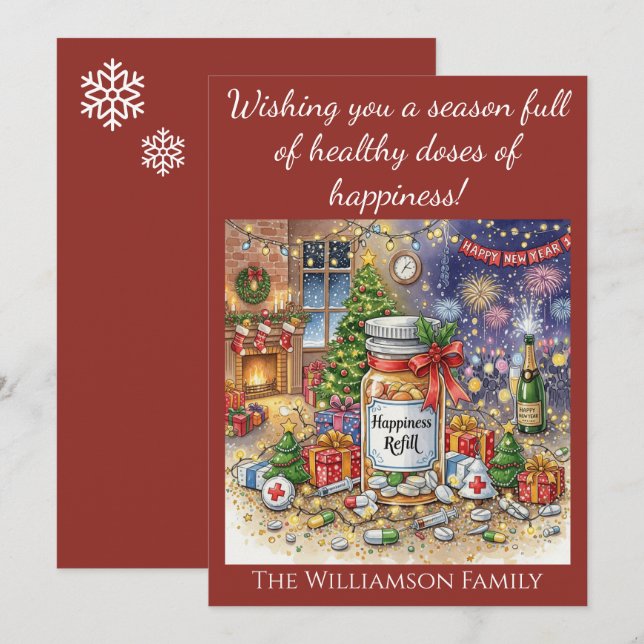Happiness Refill Pharmacy Nurse Christmas New Year Invitation (Front/Back)
