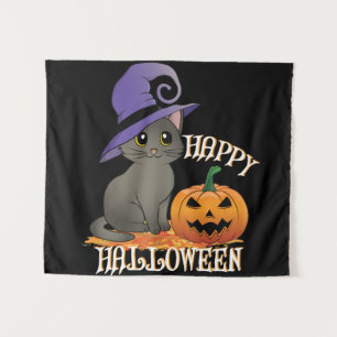 Happpy Halloween Cat with Pumpkin Tapestry