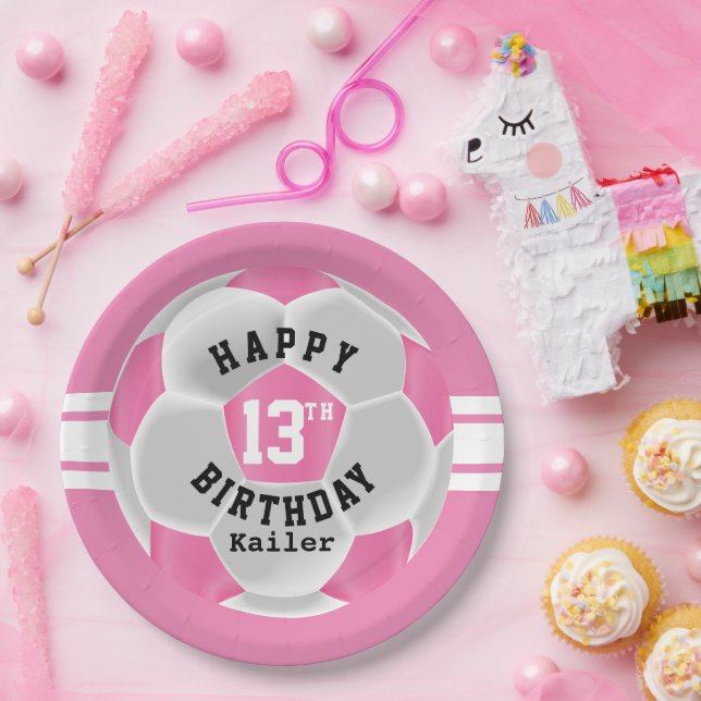 Happy 00th Birthday - Pink and White Soccer Ball Paper Plate (Party)
