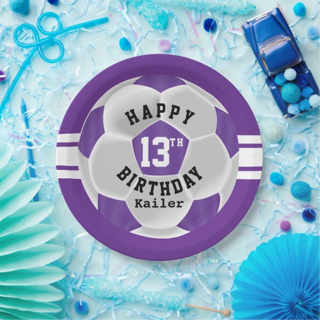 Happy 00th Birthday - Purple and White Soccer Ball Paper Plate (Party)