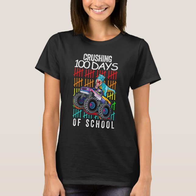 Happy 100 Days Of School  Boys Dino  Monster Truck T-Shirt (Front)