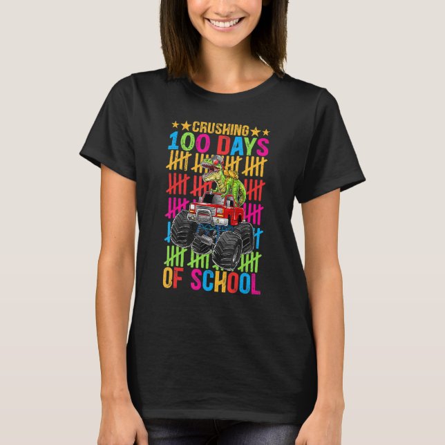 Happy 100 Days Of School  Boys Dino Monster Truck T-Shirt (Front)