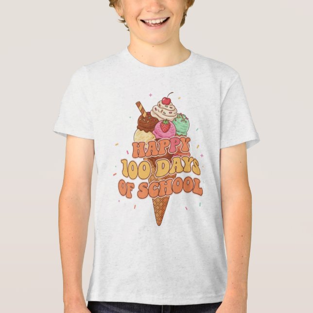 Happy 100 Days of School Ice Cream Groovy Retro  Tri-Blend Shirt (Front)