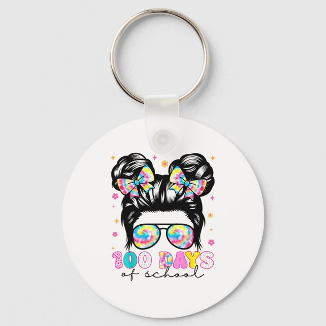 Happy 100 Days Of School Messy Bun Girls 100th Day Key Ring (Front)