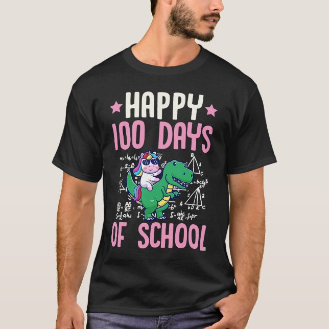 Happy 100 Days Of School Unicorn Rex Dinosaur Math T-Shirt (Front)