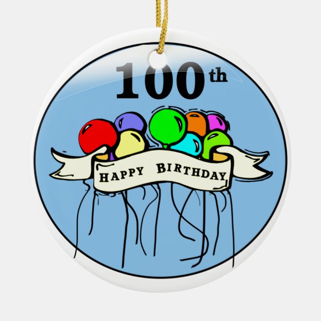 Happy 100th Birthday ballons Ceramic Tree Decoration (Front)