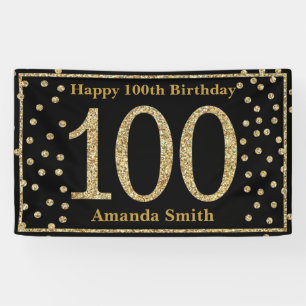 Happy 100th Birthday Banner Black and Gold Glitter