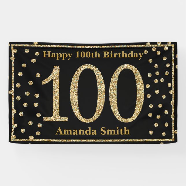 Happy 100th Birthday Banner Black and Gold Glitter (Horizontal)