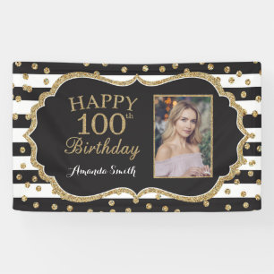 Happy 100th Birthday Banner. Gold Glitter Photo Banner