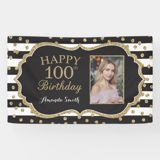 Happy 100th Birthday Banner. Gold Glitter Photo Banner (Horizontal)