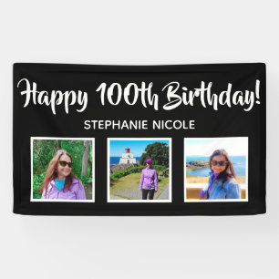 Happy 100th Birthday Black Personalised 3 Photos Banner