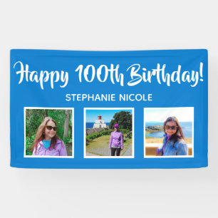 Happy 100th Birthday Blue Personalised 3 Photos Banner