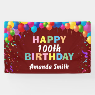 Happy 100th Birthday Colorful Balloons Burgundy Banner