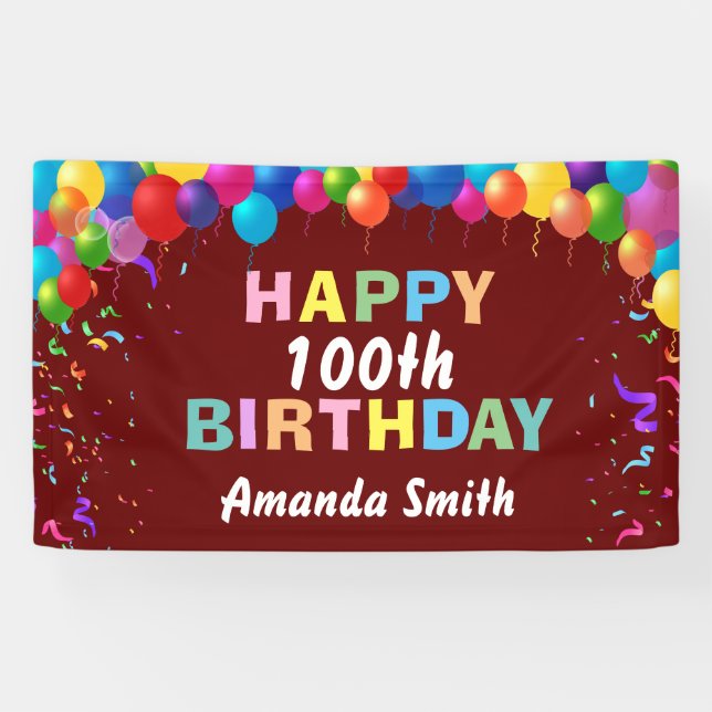 Happy 100th Birthday Colorful Balloons Burgundy Banner (Horizontal)