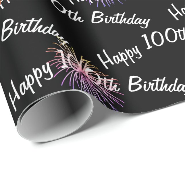 Happy 100th Birthday fireworks on black Wrapping Paper (Roll Corner)