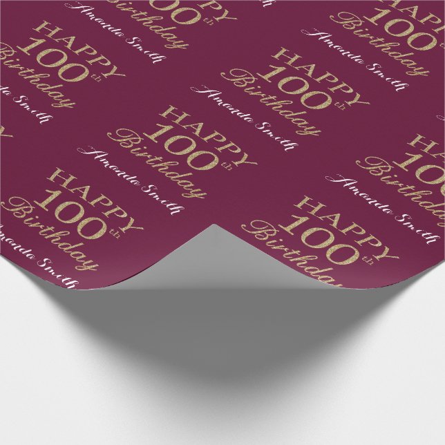 Happy 100th Birthday Gold Glitter and Burgundy Red Wrapping Paper (Corner)
