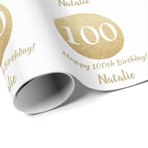 Happy 100th Birthday Gold Glitter and White Wrapping Paper