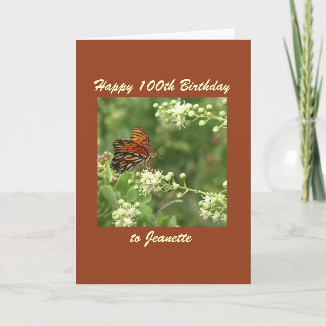 Happy 100th Birthday, Name, Orange Butterfly Card (Front)