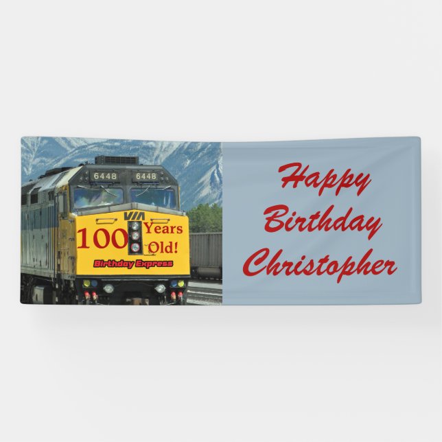 Happy 100th Birthday Name Yellow Train Engine Banner (Horizontal)