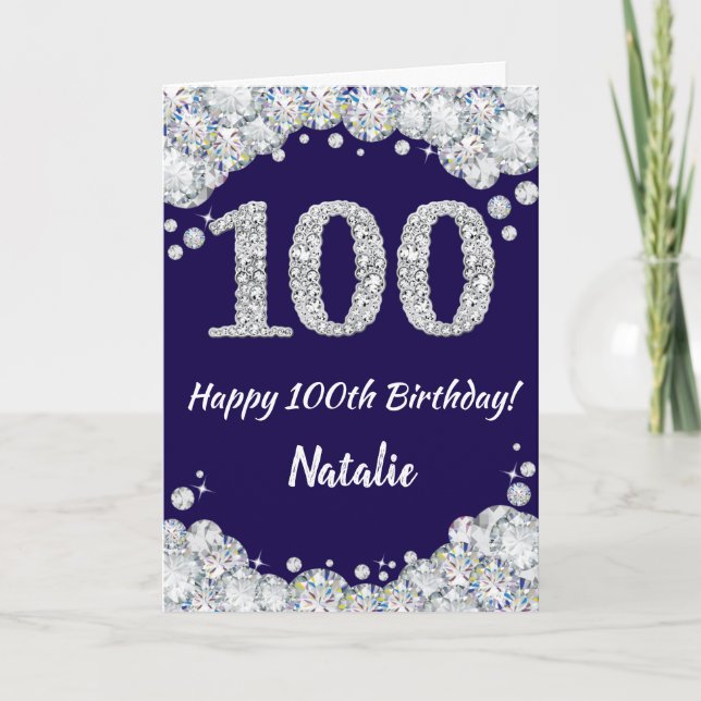 Happy 100th Birthday Navy Blue and Silver Glitter Card (Front)