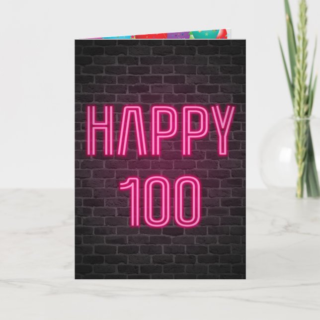 Happy 100th Birthday Neon Sign on brick Card (Front)