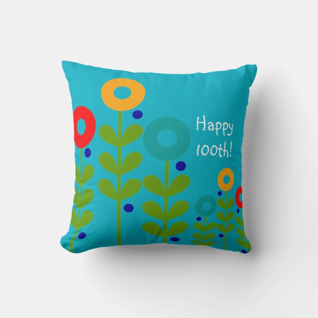 Happy 100th Birthday Pillow Floral Blue (Front)