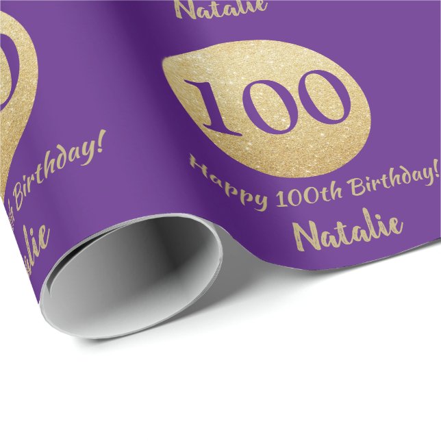 Happy 100th Birthday Purple and Gold Glitter Wrapping Paper (Roll Corner)