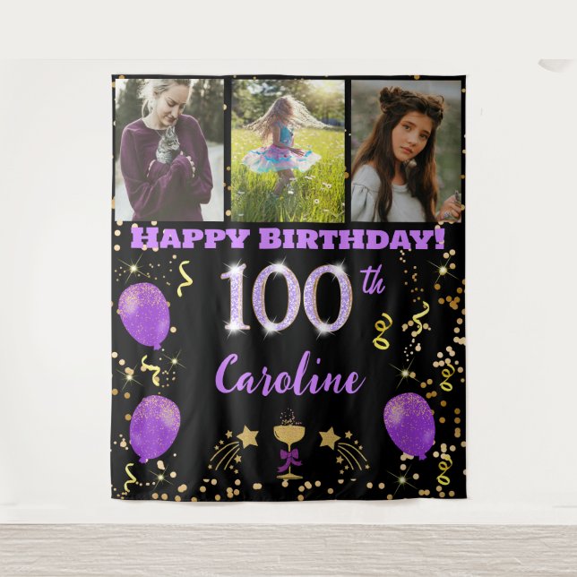 Happy 100th Birthday Purple Glitter & 3 photos Tapestry (Front)