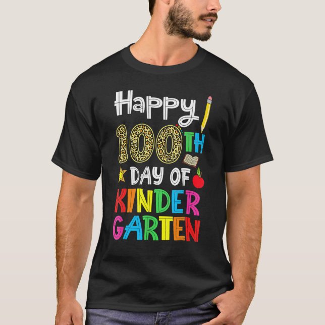 Happy 100th Day Of Kindergarten Leopard Print Teac T-Shirt (Front)
