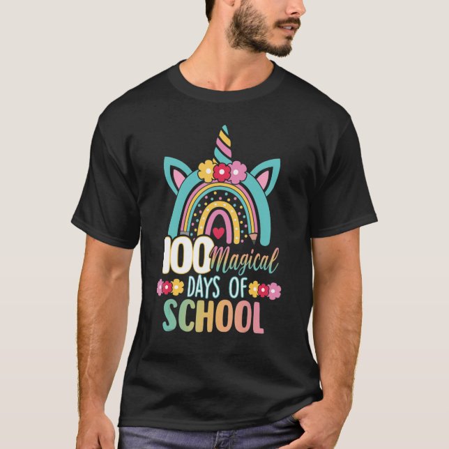 Happy 100th Day Of School Rainbow Unicorn 100 Magi T-Shirt (Front)