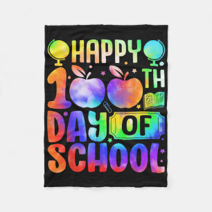 Happy 100th Day Of School Tie Dye Rainbow Kids Wom Fleece Blanket