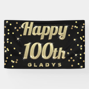 Happy 100th Gold Bling Typography Confetti Black Banner