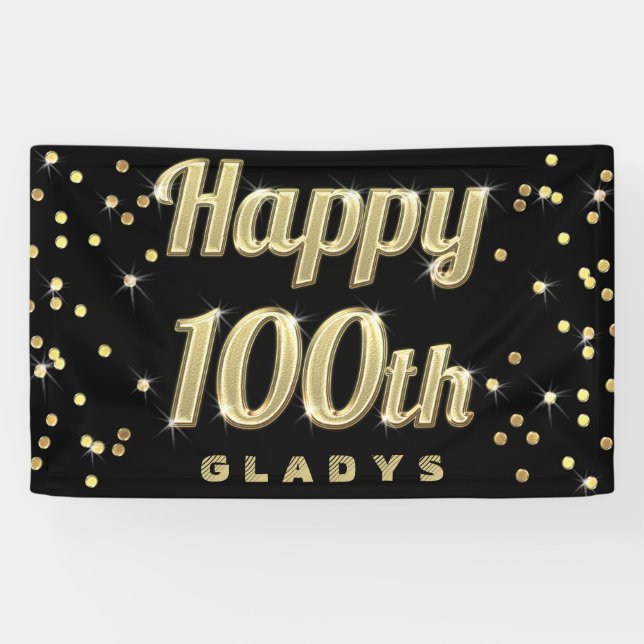 Happy 100th Gold Bling Typography Confetti Black Banner (Horizontal)