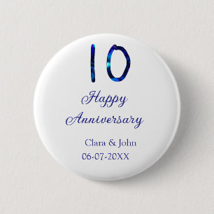 Happy 10th anniversary blue glitter add name date  6 cm round badge