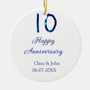 Happy 10th anniversary blue glitter add name date ceramic tree decoration