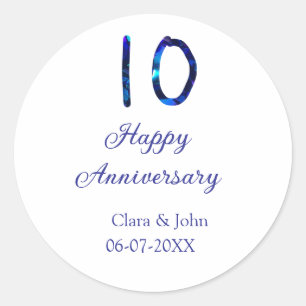 Happy 10th anniversary blue glitter add name date  classic round sticker