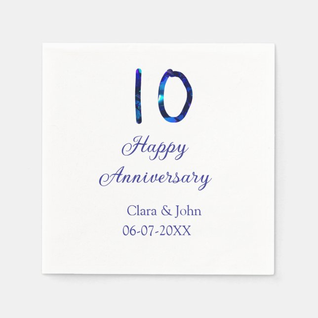 Happy 10th anniversary blue glitter add name date  napkin (Front)