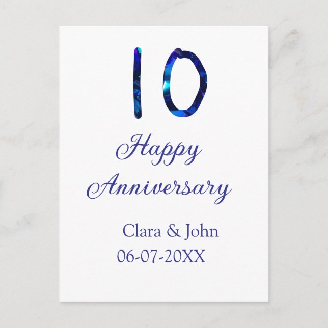 Happy 10th anniversary blue glitter add name date  postcard (Front)