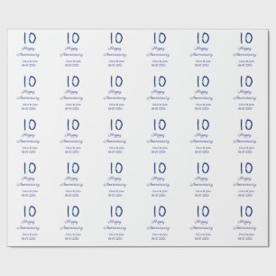 Happy 10th anniversary blue glitter add name date  wrapping paper