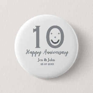 Happy 10th anniversary name date grey bold emoji 6 cm round badge