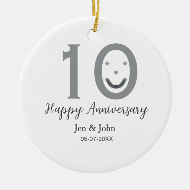 Happy 10th anniversary name date grey bold emoji ceramic tree decoration (Front)