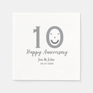 Happy 10th anniversary name date grey bold emoji napkin