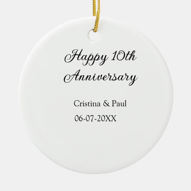 Happy 10th anniversary simple minimal wedding name ceramic tree decoration (Front)