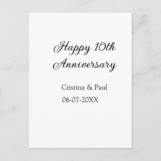 Happy 10th anniversary simple minimal wedding name postcard (Front)