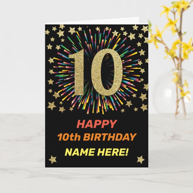 Happy 10th Birthday Black & Gold Rainbow Firework Card (Yellow Flower)