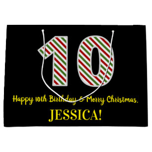Happy 10th Birthday & Merry Christmas, Custom Name Large Gift Bag