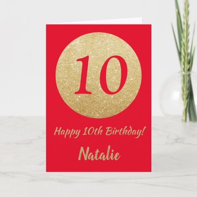 Happy 10th Birthday Red and Gold Glitter Card (Front)